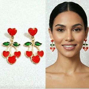 Gold Plated Cherry Heart Drop Earrings With Silver Posts